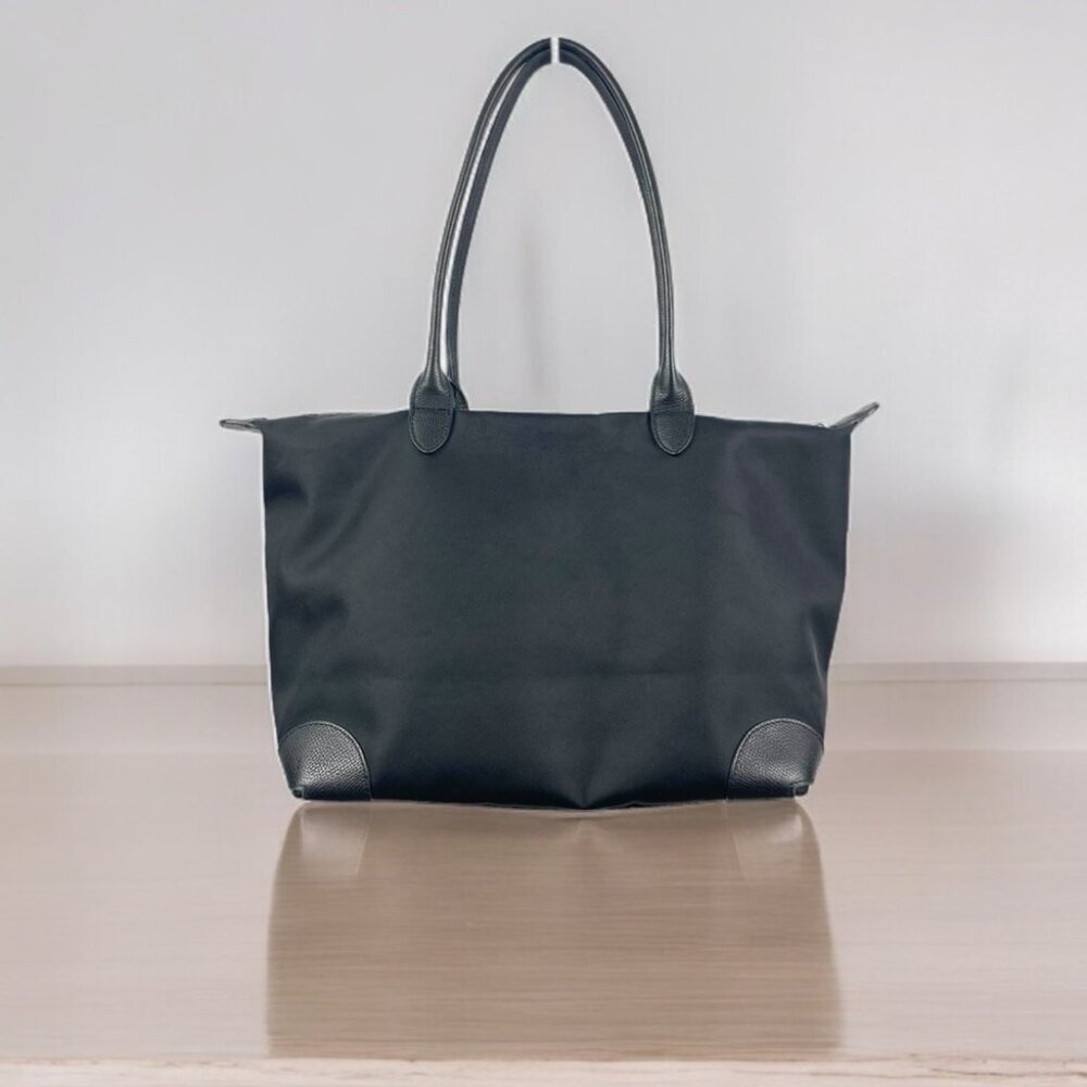 Black Nylon Tote with Leather Trim and Double Handles